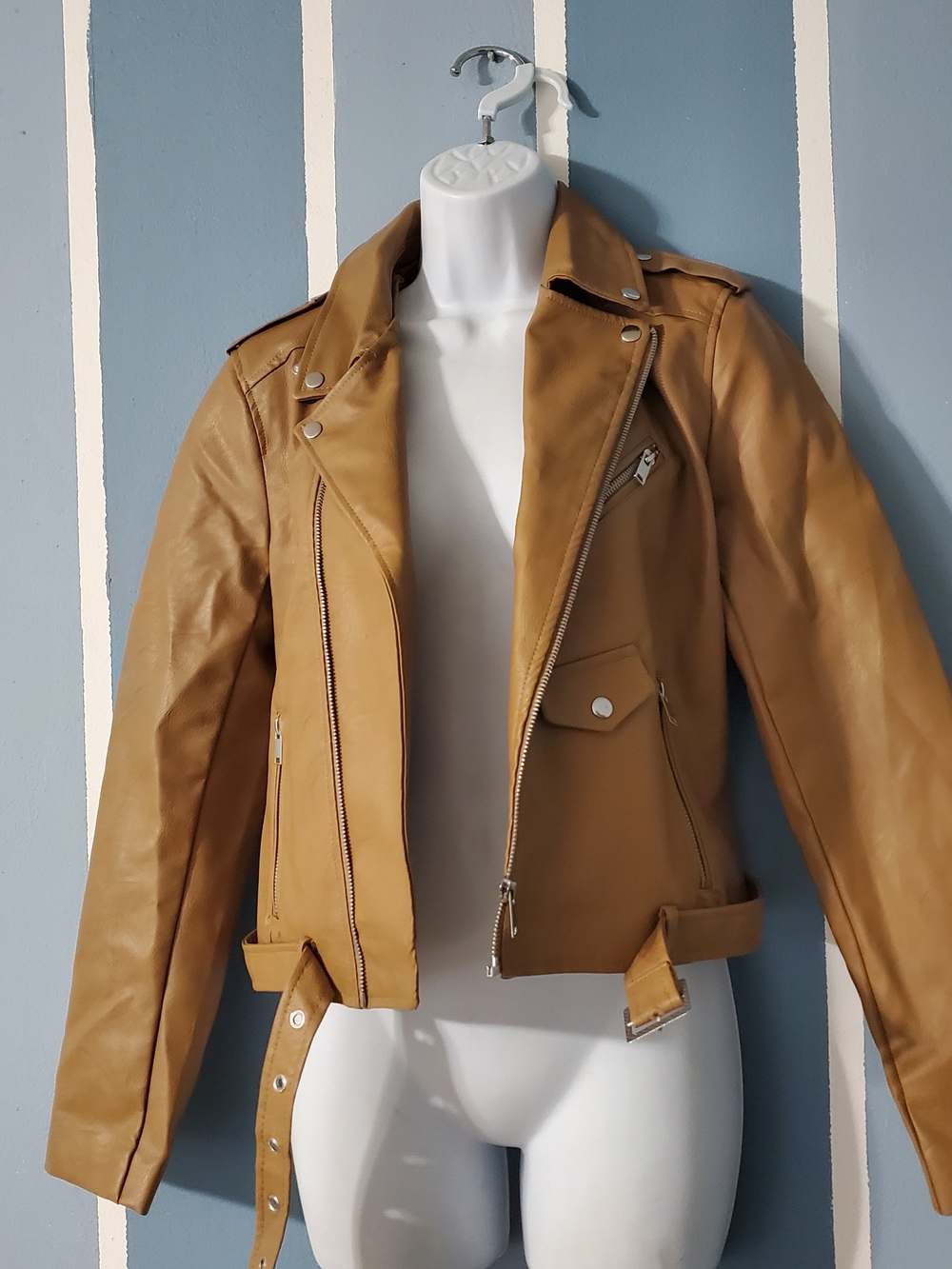 Love Tree Cognac Faux Leather Biker Jacket with Belt